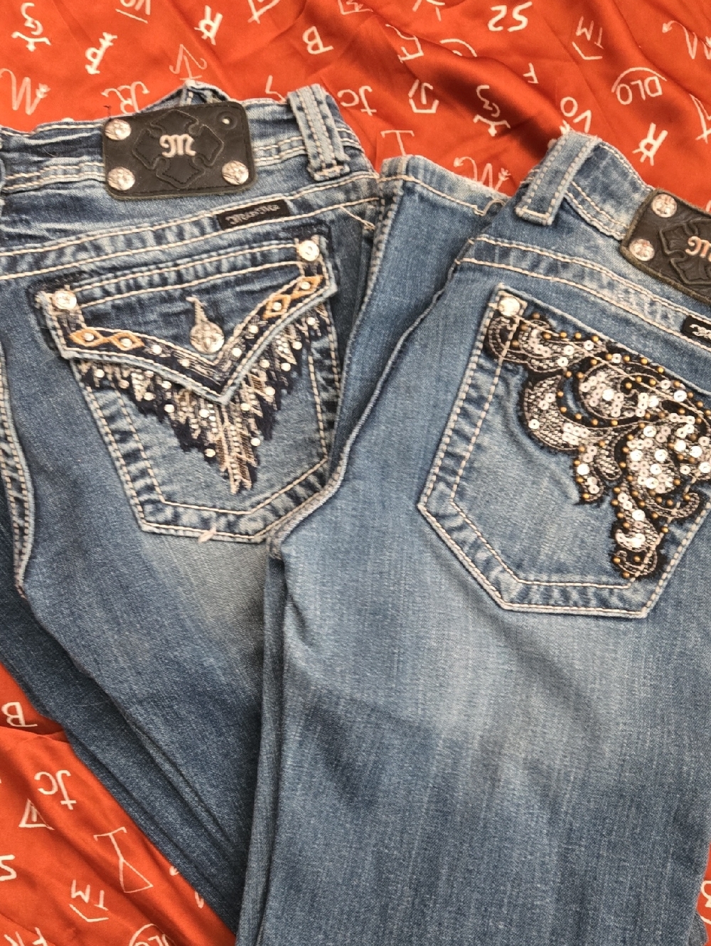 2 Pairs Of Miss Me Size 28 Blue Denim Bootcut Jeans with Embellished Back Pocket